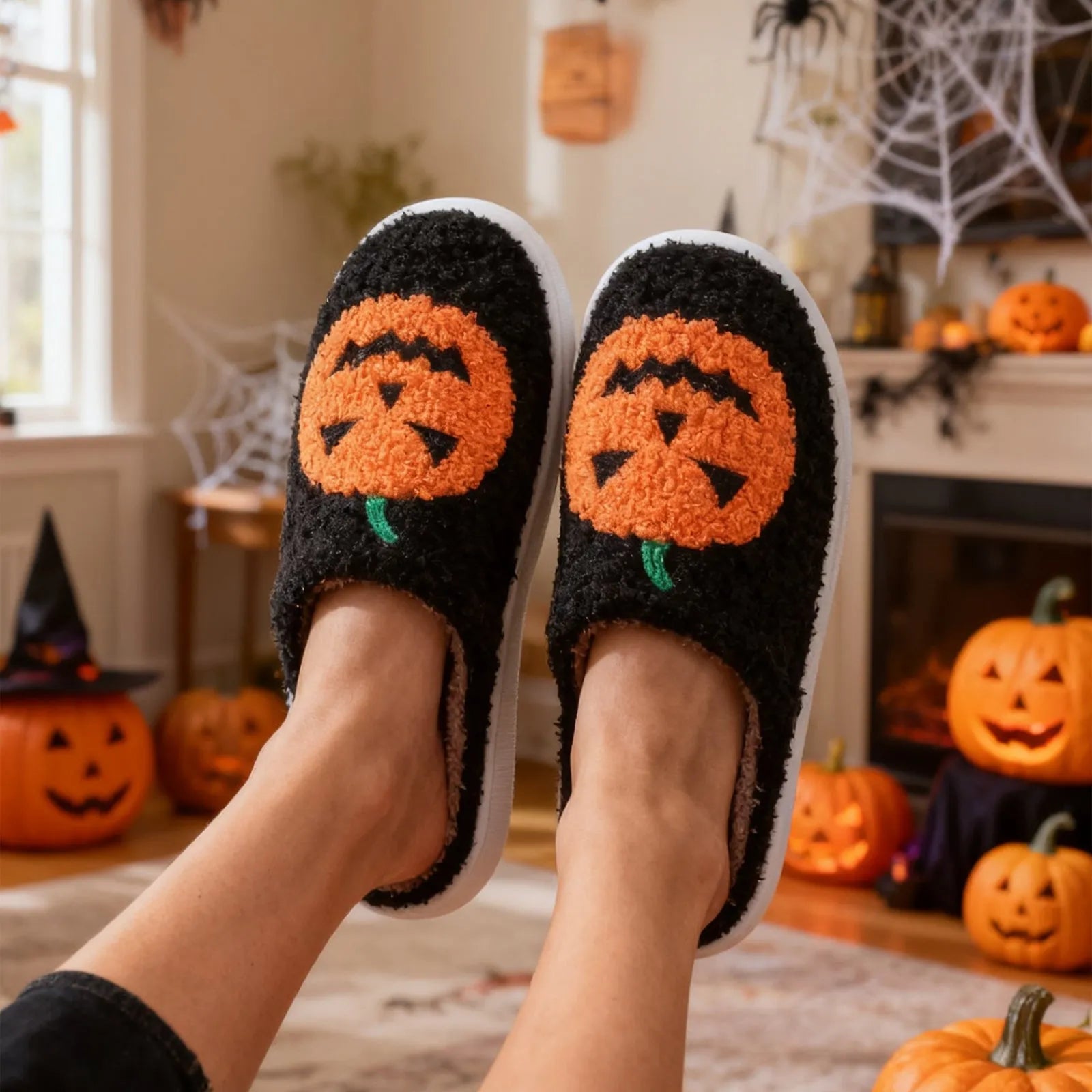 Halloween pumpkin cartoon slippers in white pumpkin colour with suede upper and rubber sole for indoor use