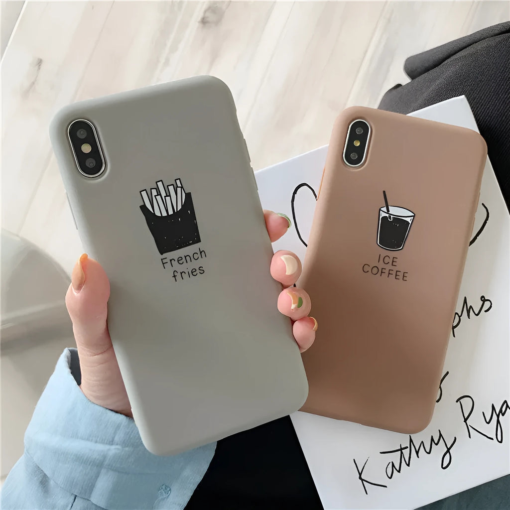 Silicone iPhone case with soft matte finish showing ice coffee and french fries couple patterns
