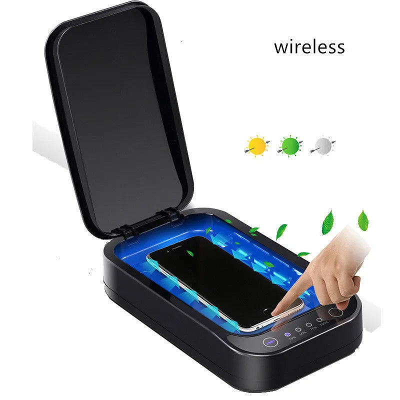 Blue and white portable ultraviolet disinfection box for sanitising mobile phones up to 6.6 inches.