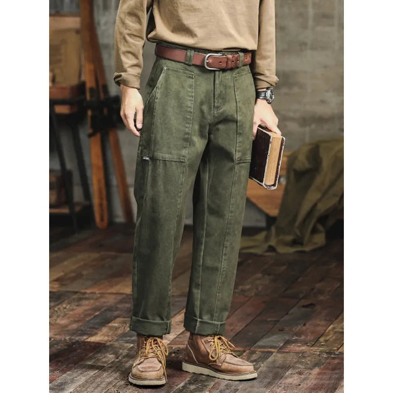 Men's retro cargo trousers in Army Green, cotton bevel cloth, loose straight leg, mid waist, sizes 28 to 38
