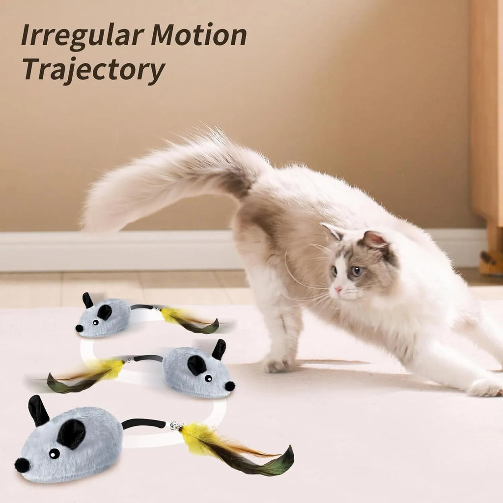 Grey and yellow plush electronic cat toy mouse with feather tail and LED lights