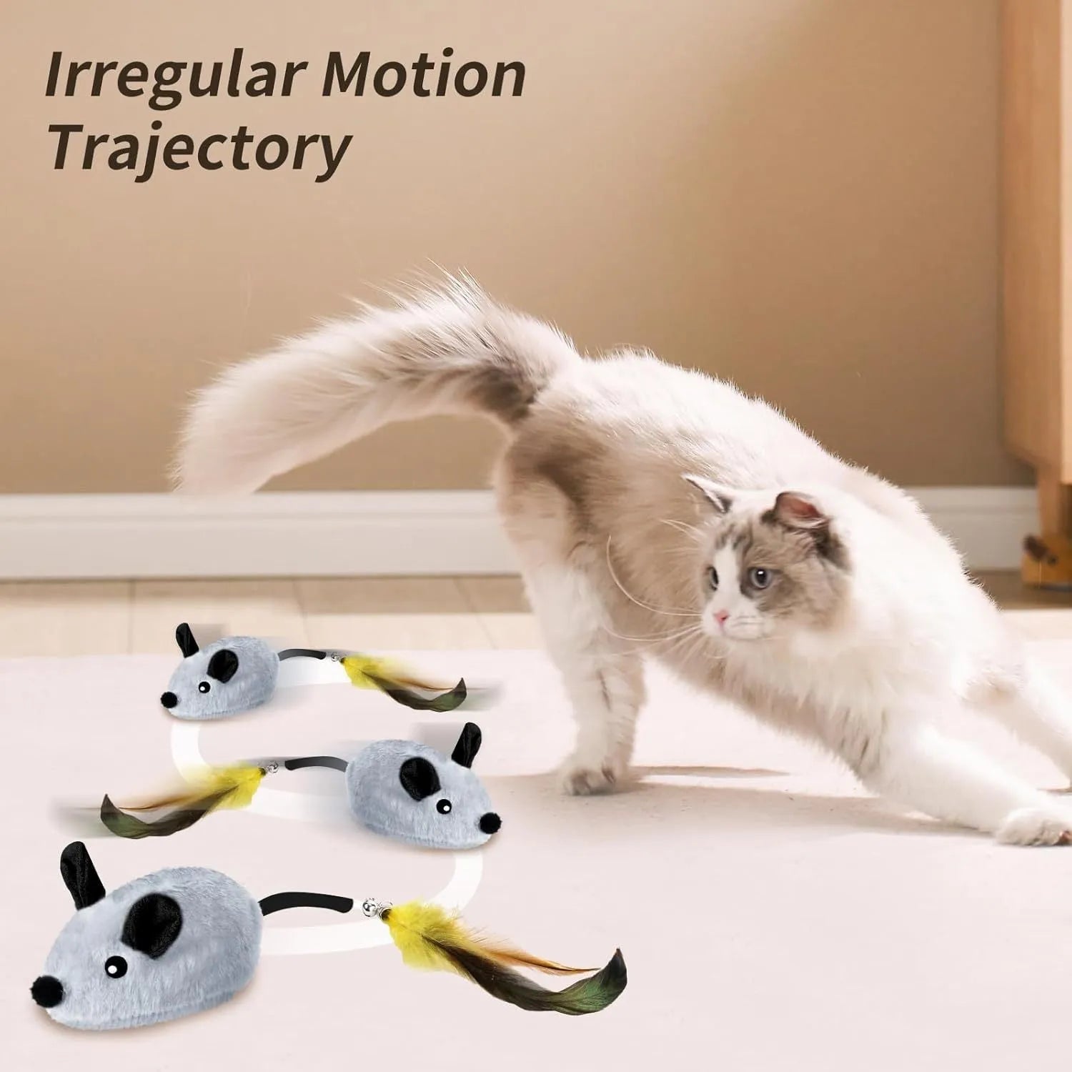 Grey and yellow plush electronic cat toy mouse with feather tail and LED lights