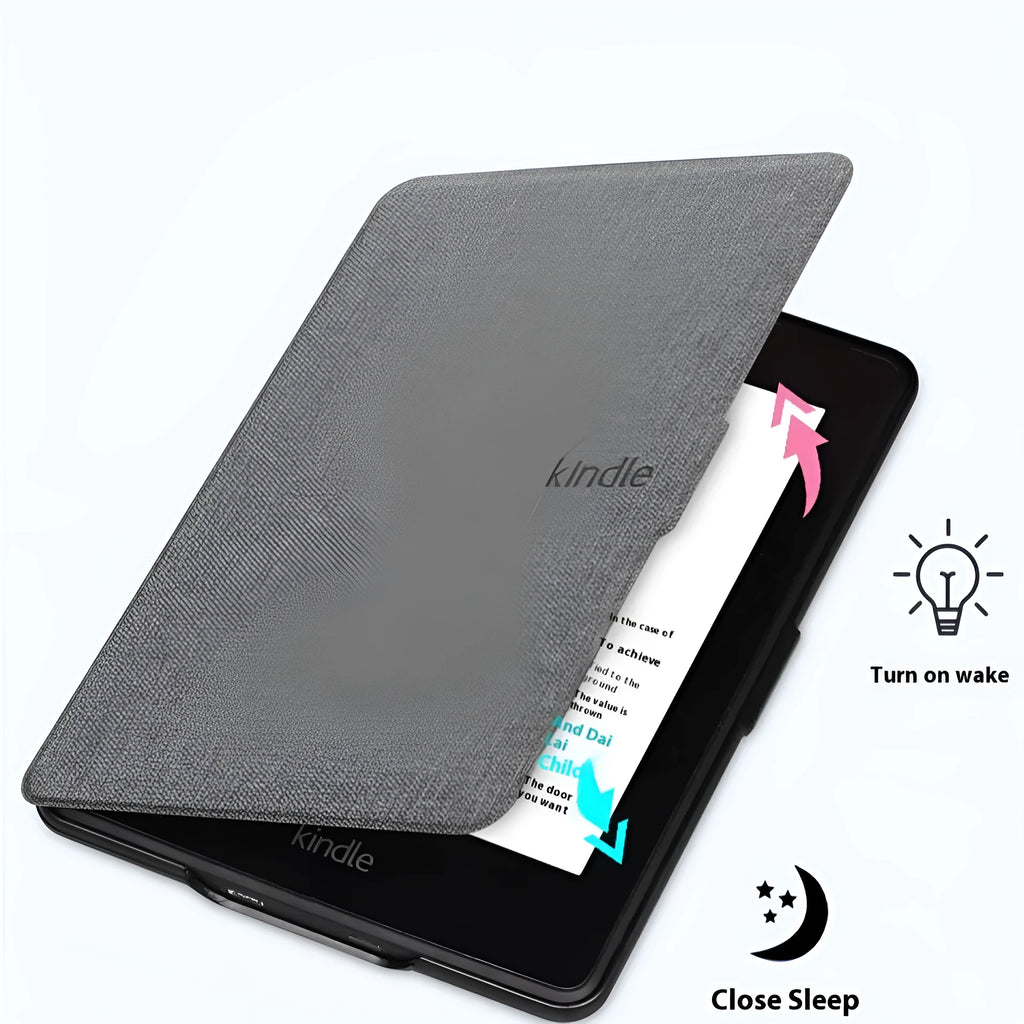 Linen texture Kindle Paperwhite hard case with magnetic closure shown in purple colour.