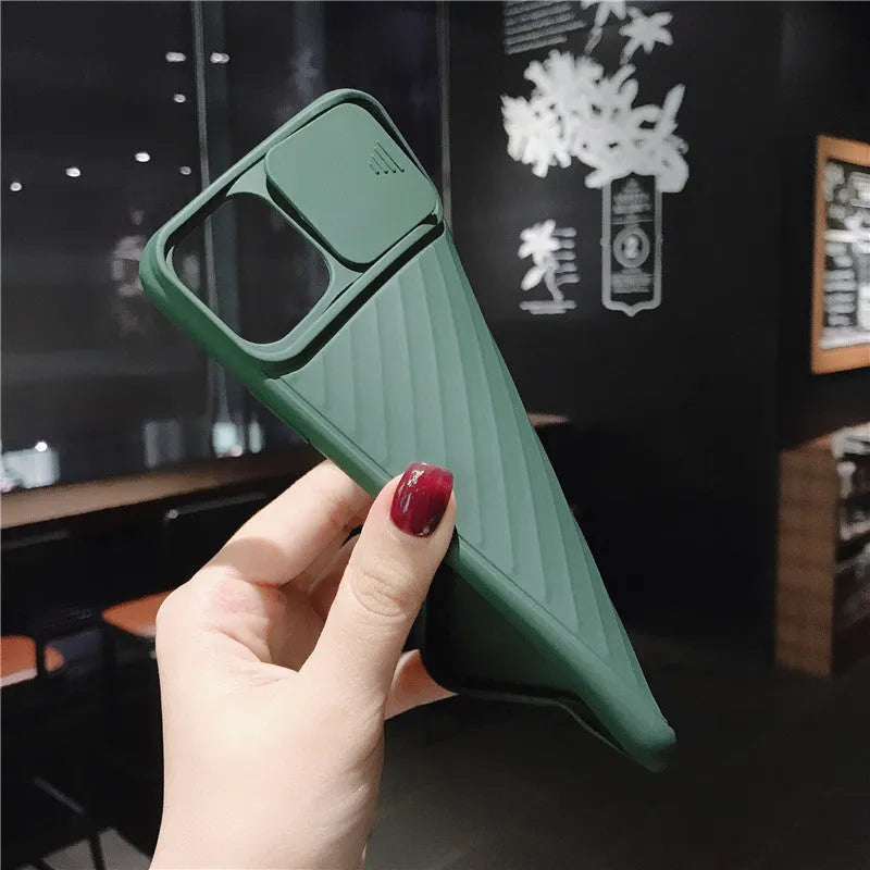 Soft TPU iPhone case with slide camera lens protector and matte back cover in black, green and blue