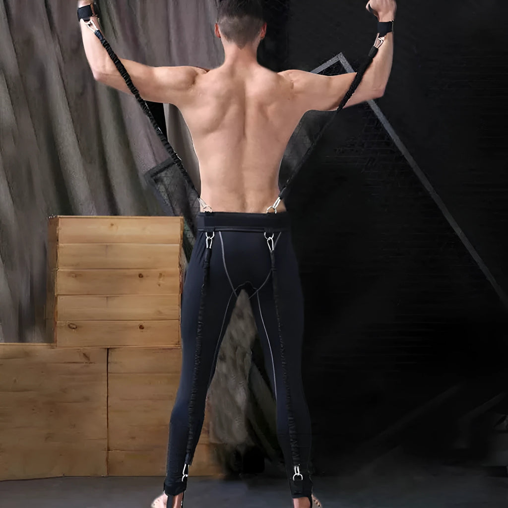 Bounce elastic resistance training device with adjustable waist belt, four elastic cords, ankle straps and bracelet straps