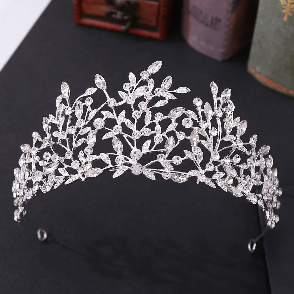Vintage rhinestone headdress crown, alloy hair accessory, 15 x 6.5cm, retro crown shape, green phantom quartz crystal