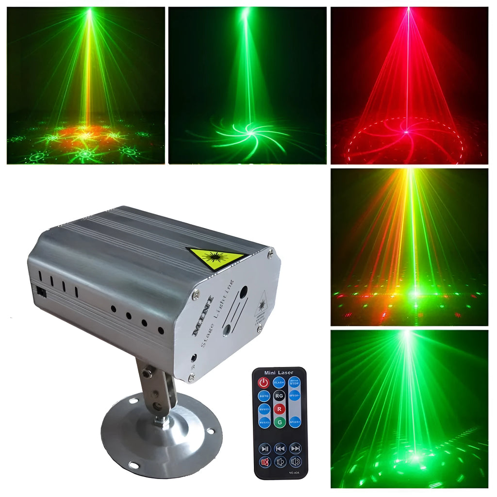 JC-24 in one laser light projector with red and green laser patterns and remote control, 105x90x52mm