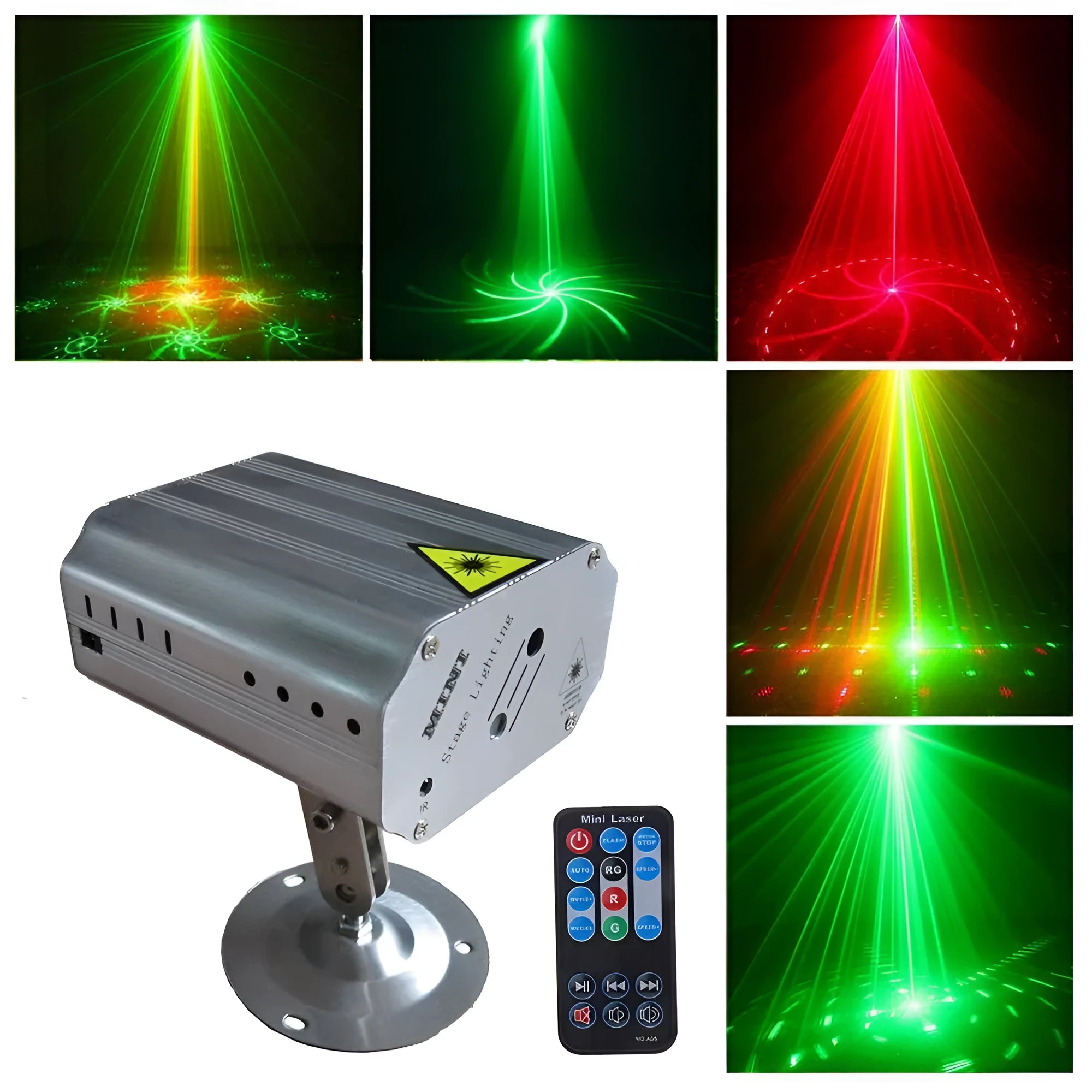 JC-24 in one laser light projector with red and green laser patterns and remote control, 105x90x52mm
