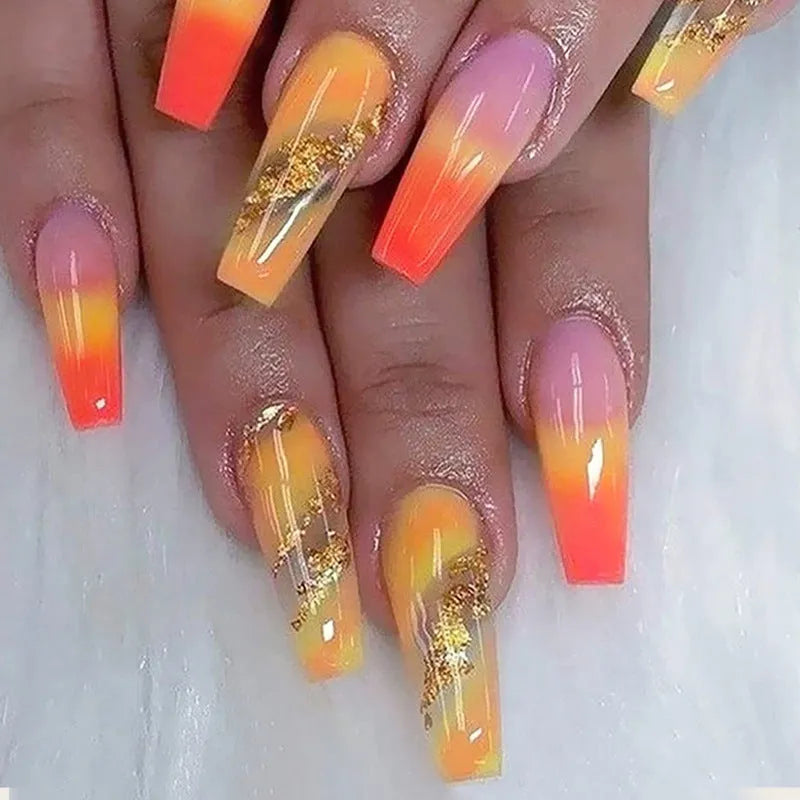 Rainbow gradient fake nails long pointed marble pattern 24 pieces with glue