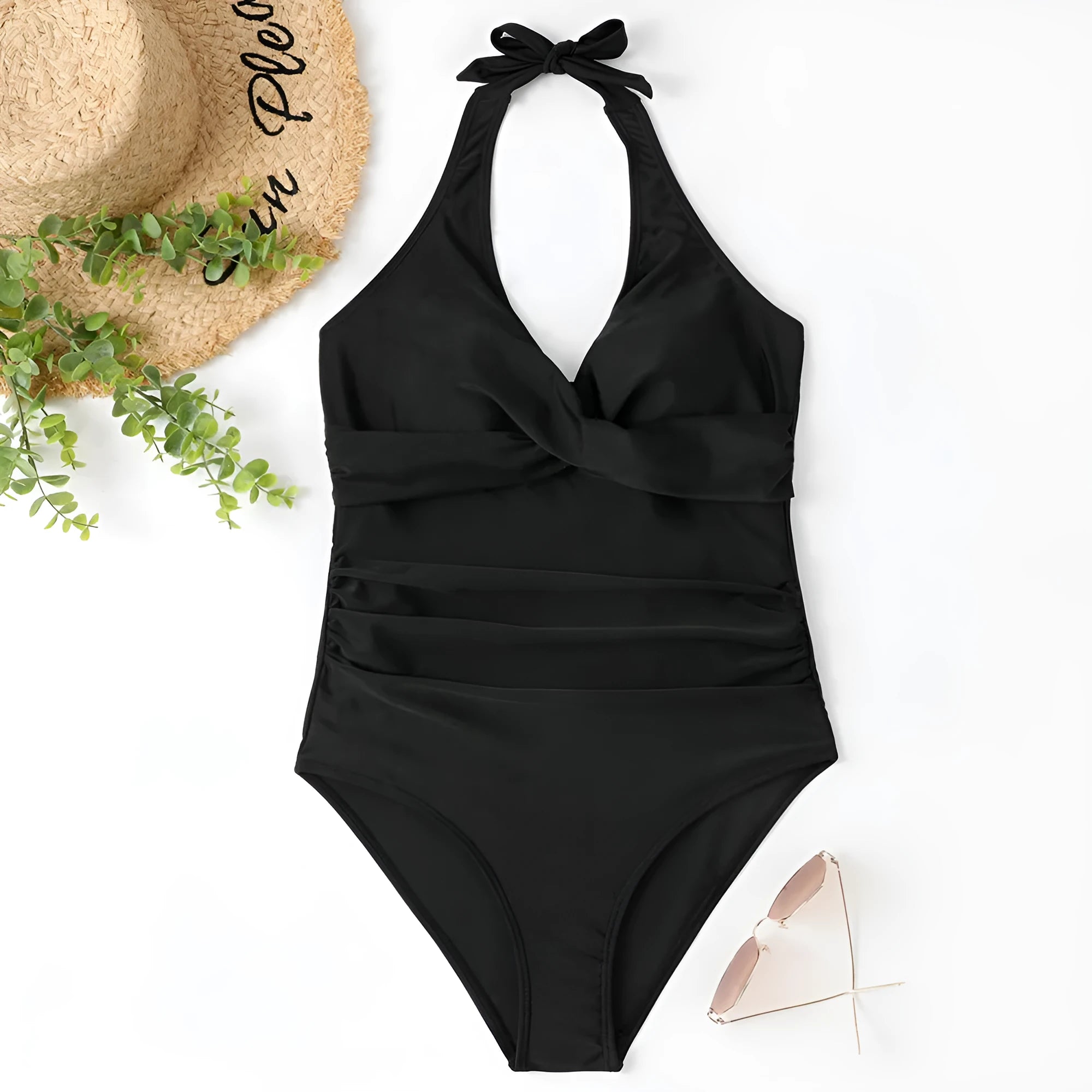 Women's solid colour cross-front one-piece swimsuit in polyester on a mannequin.