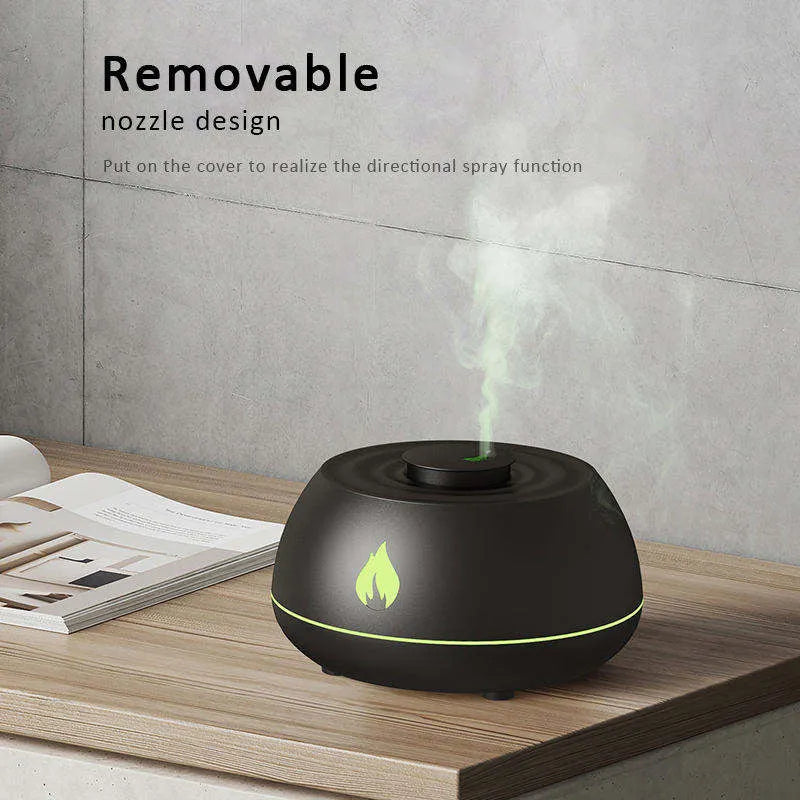 Black flame effect humidifier diffuser with LED lights on a wooden surface