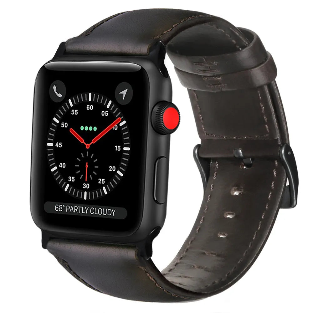 Top layer cowhide leather strap with oil wax finish for Apple Watch in black, 38-40mm width