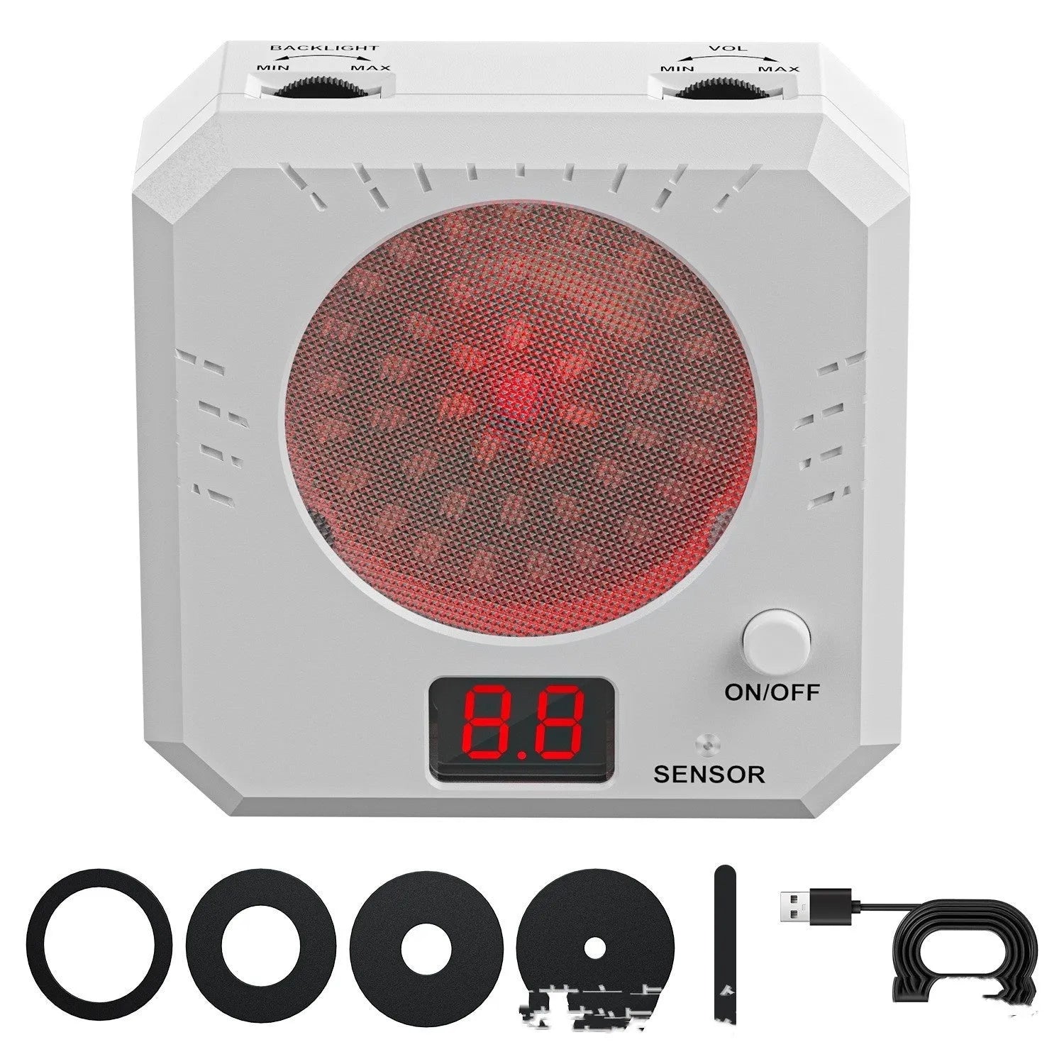 Dry fire laser target with infrared counting electronic system, ABS housing, magnetic plate, and four target rings on a tabletop
