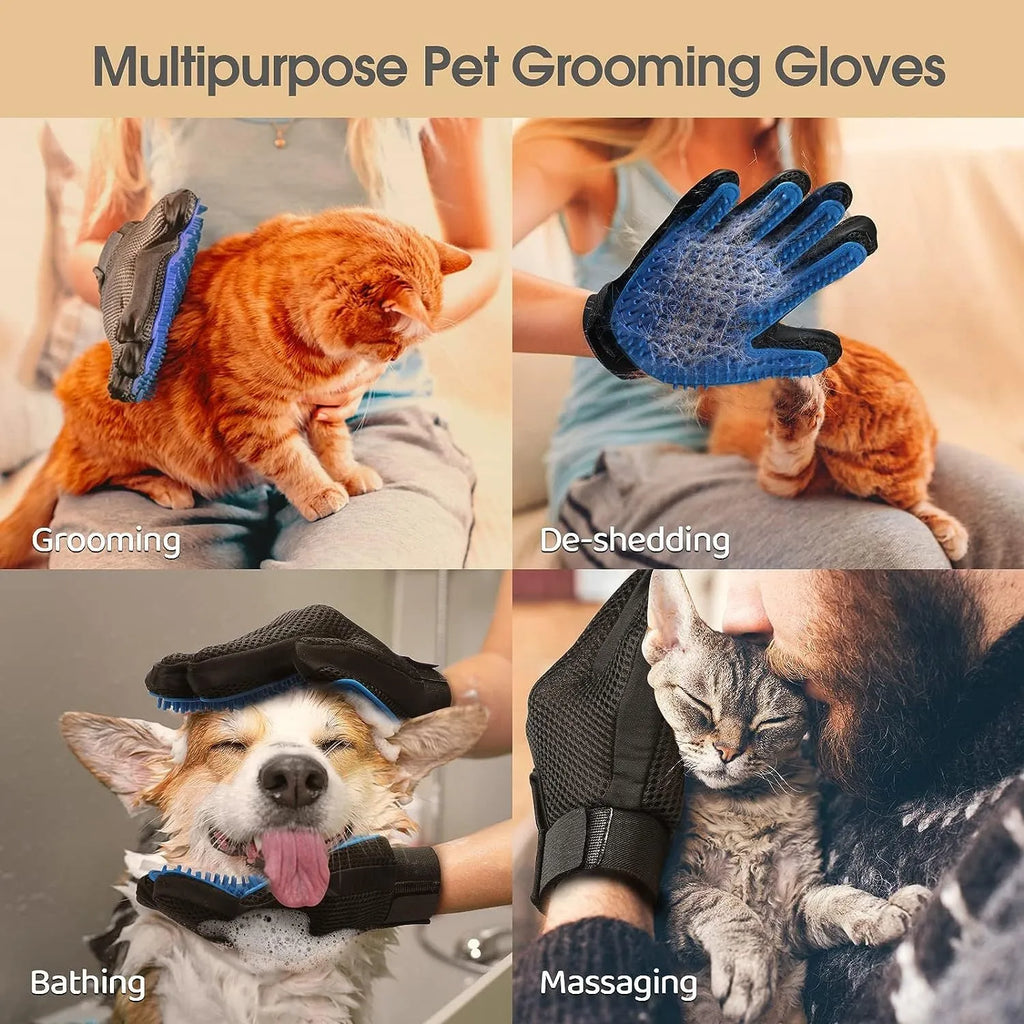 Blue pet grooming gloves with silicone massage tips for dogs cats horses hair removal
