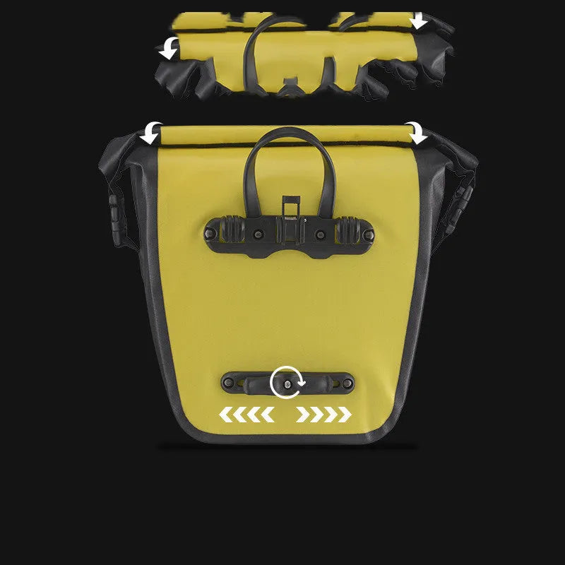 Bicycle waterproof bag made of nylon cloth and waterproof fabric, black colour, shown on a bike for cycling storage