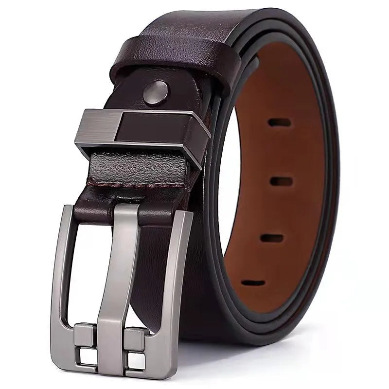Men's retro belt in genuine cowhide leather with oversized wide alloy needle buckle, colour black