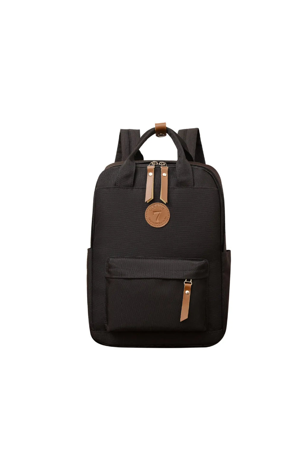 Black Oxford cloth fashion backpack with curved shoulder straps for burden reduction
