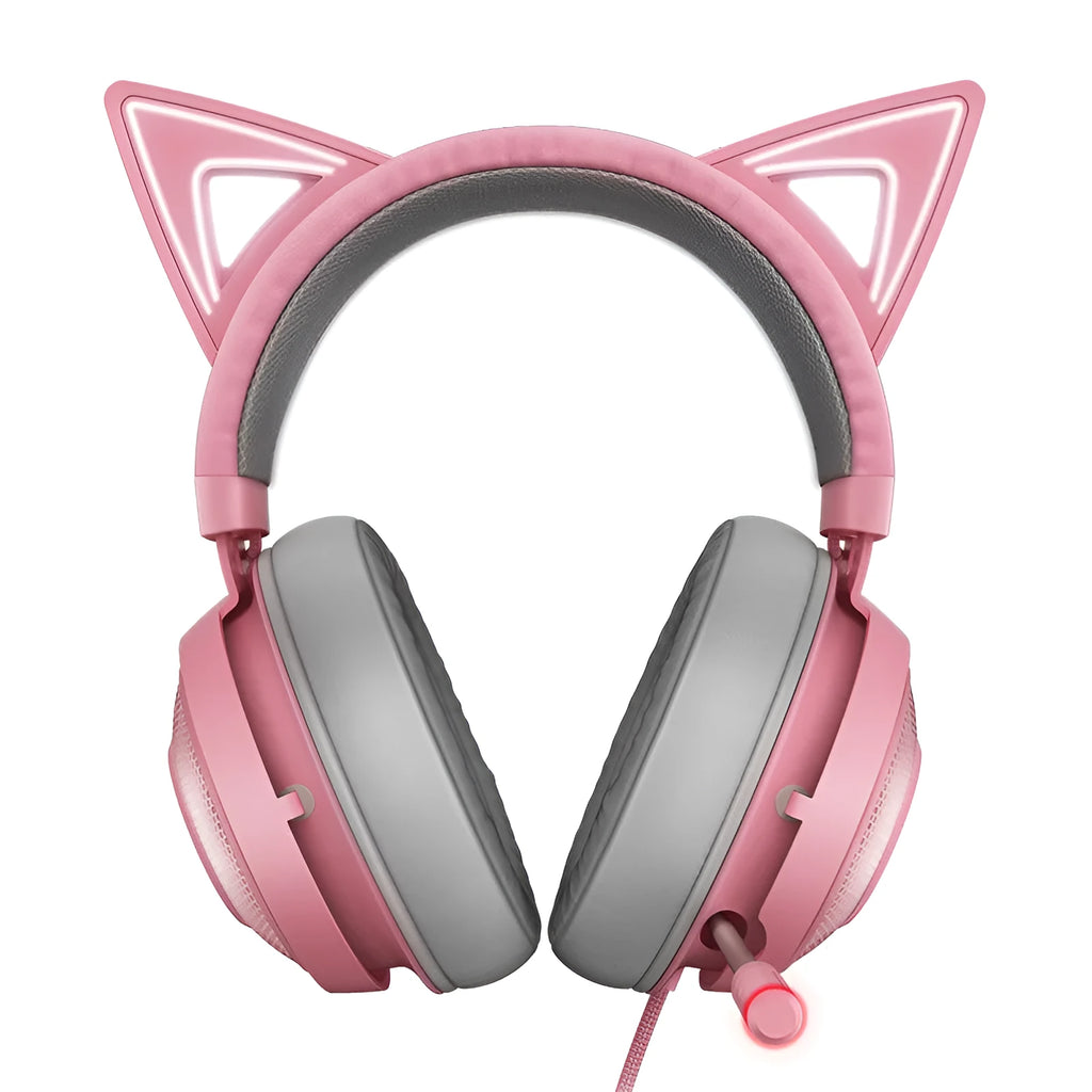 Pink glowing cat earphones wired USB headphones with LED cat ear lights on a plain background