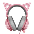 Pink glowing cat earphones wired USB headphones with LED cat ear lights on a plain background