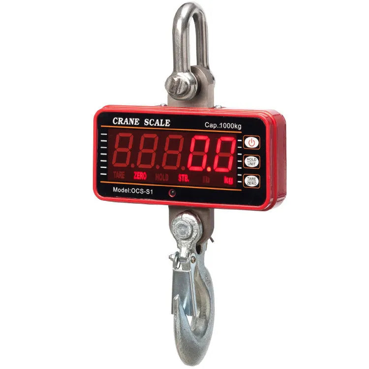 Orange digital display electronic crane scale with hook for 500 kg heavy-duty weighing.