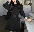 Women's long sleeve loose knitted high waist dress with black belt in beige, black, striped, khaki, or red colours