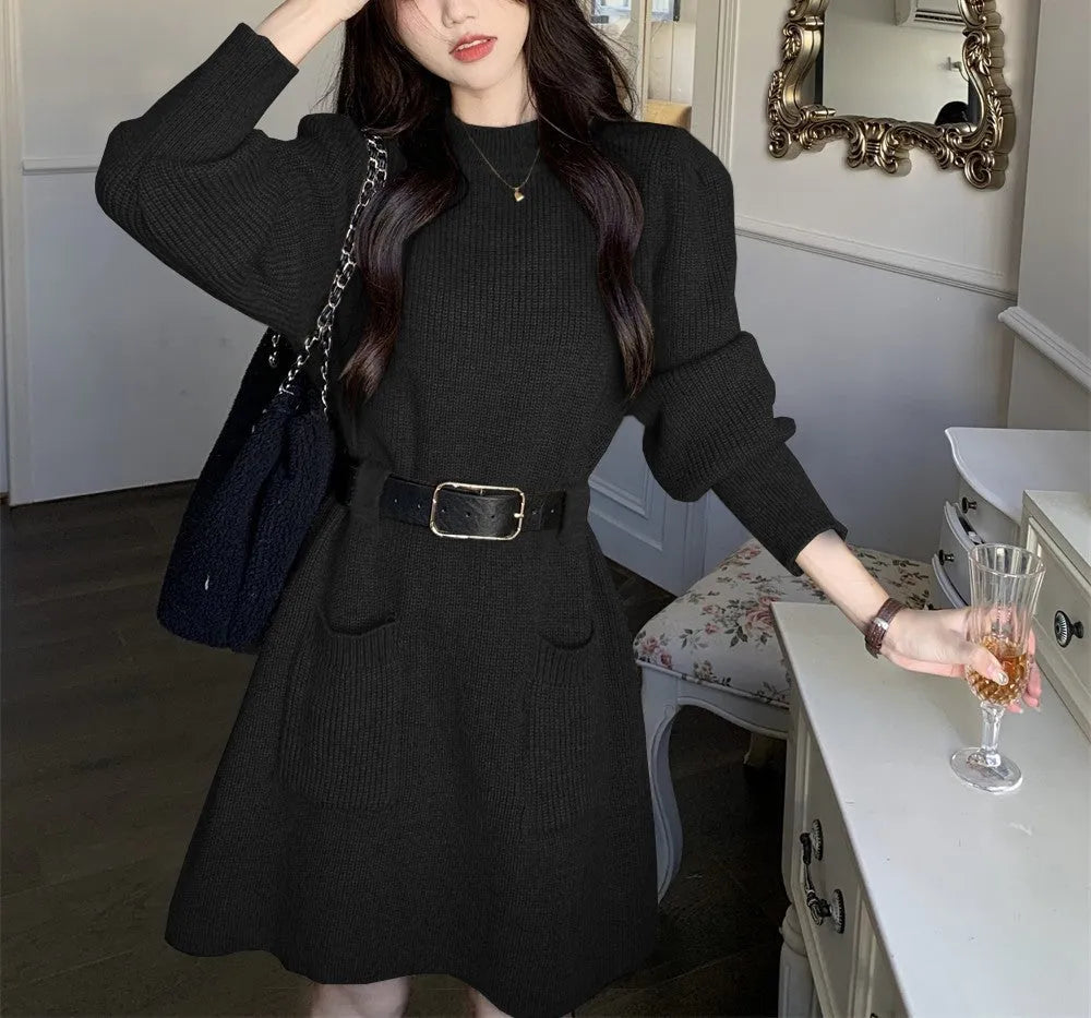 Women's long sleeve loose knitted high waist dress with black belt in beige, black, striped, khaki, or red colours