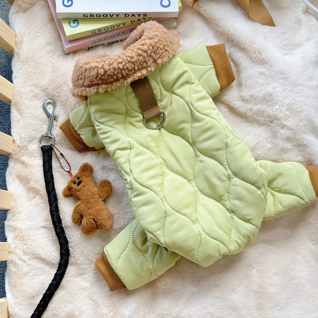 Light green cotton dog top with toy bear pendant on extra thick band, casual style