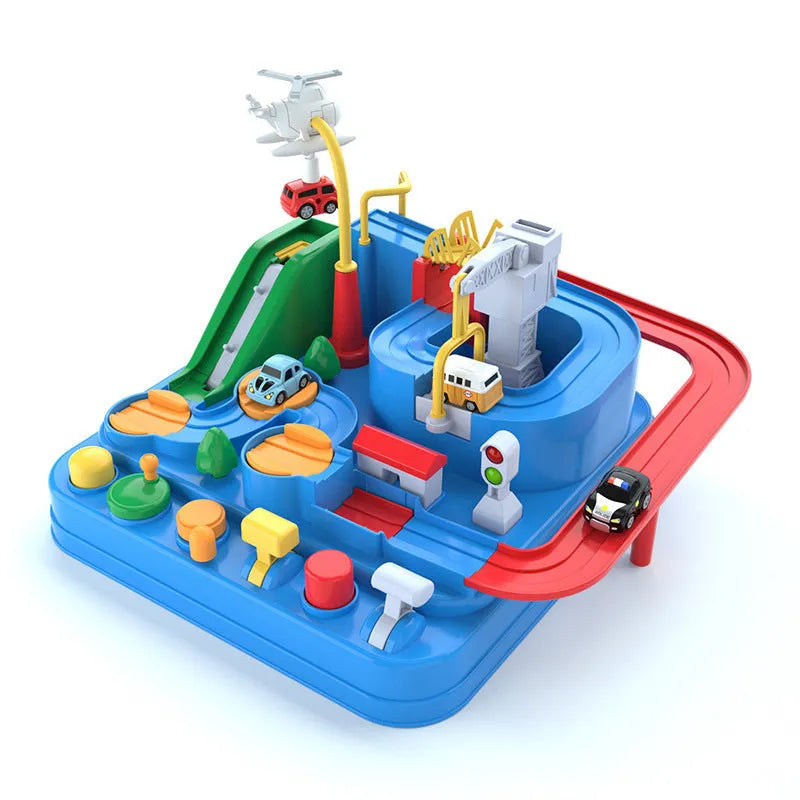 Plastic Big Adventure Parking Lot rail and trolley track set for toy cars in multiple colour options.