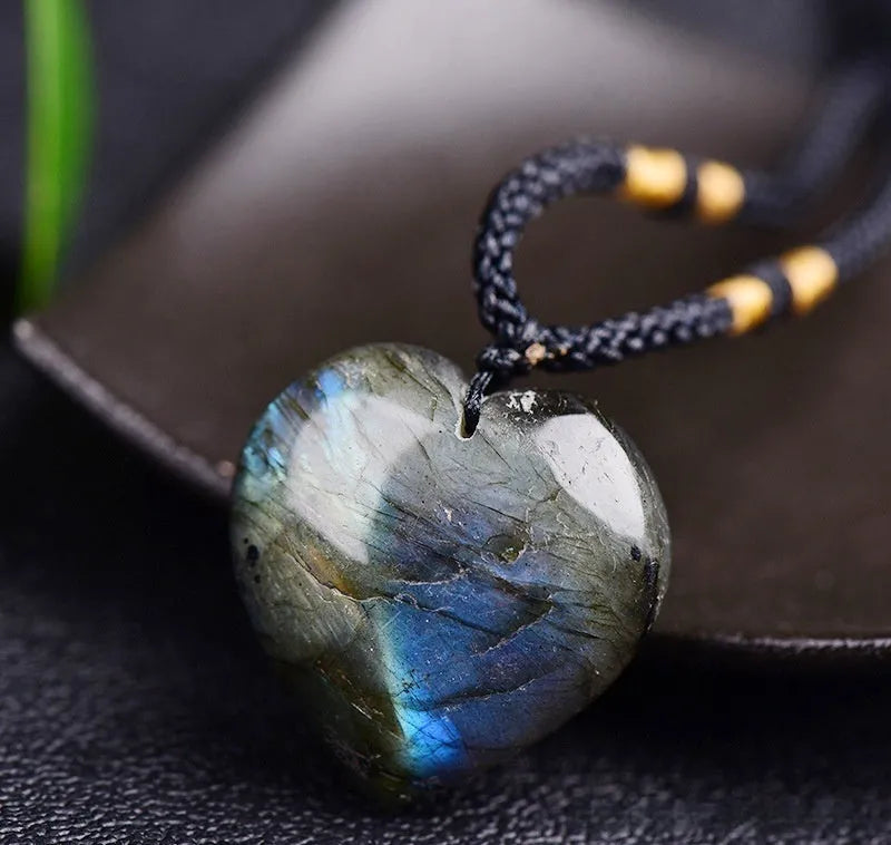 Blue labradorite and moonstone heart of the ocean pendant necklace on a chain