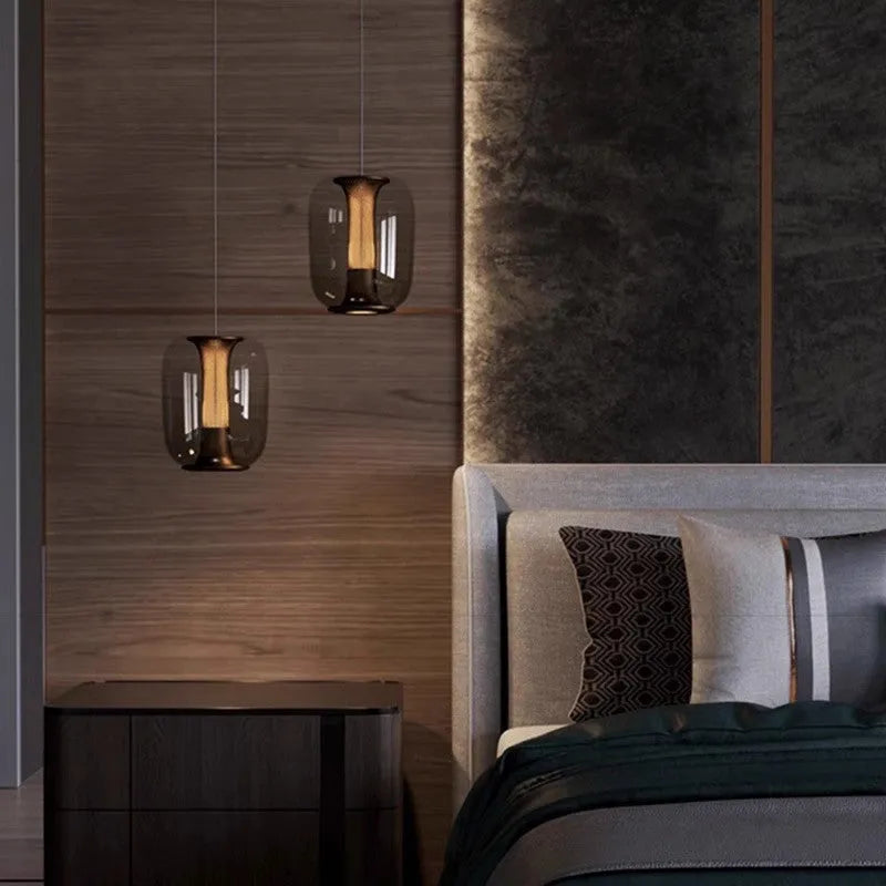 Minimalist glass chandelier in clear, cognac, or smoky grey colour, 16cm diameter.