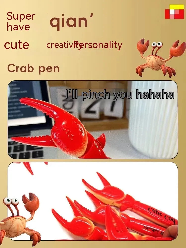 Crab-shaped novelty ballpoint pen with a pressable metal clip on its back.