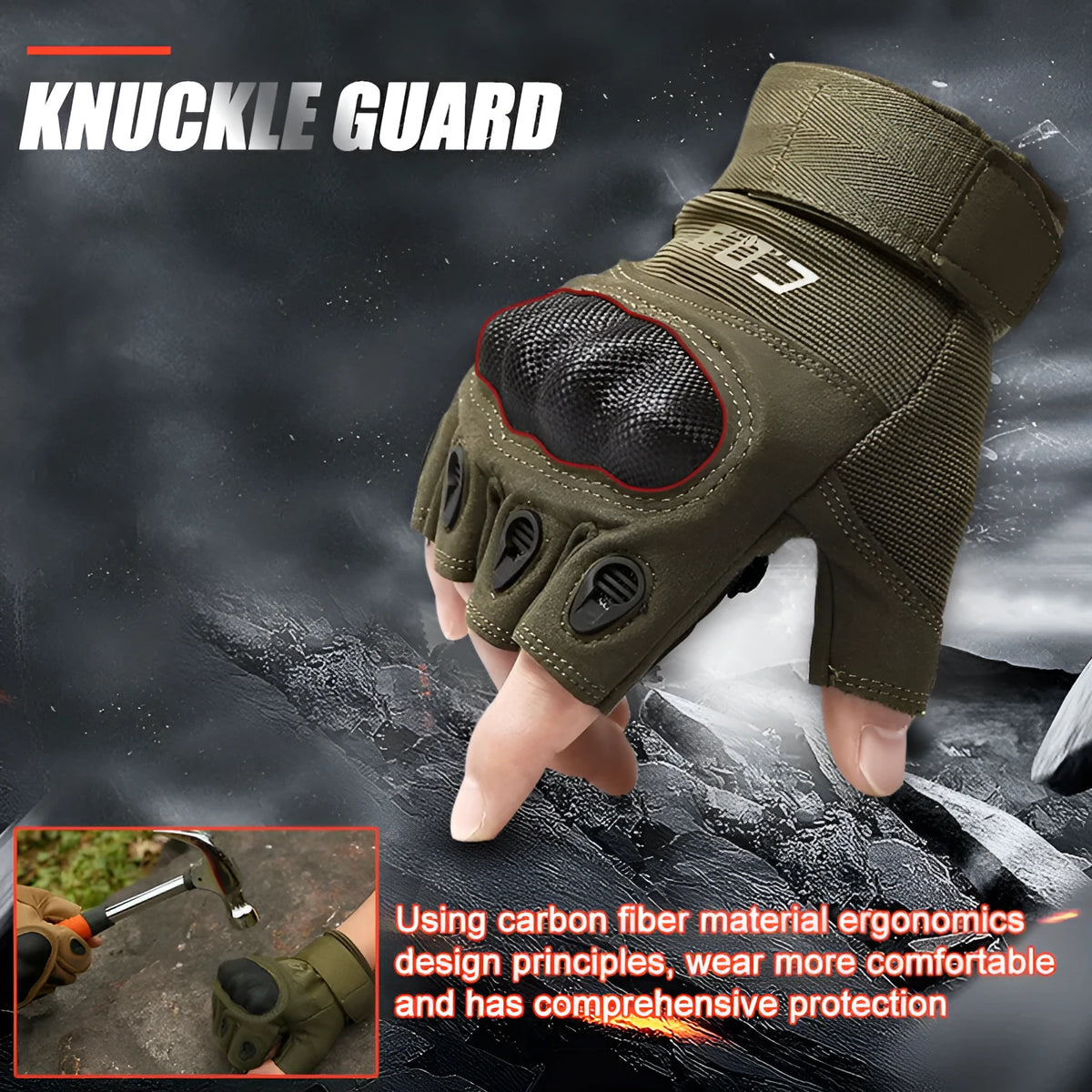 Tactical half-finger gloves with rubber knuckle guards in black colour on a dark background