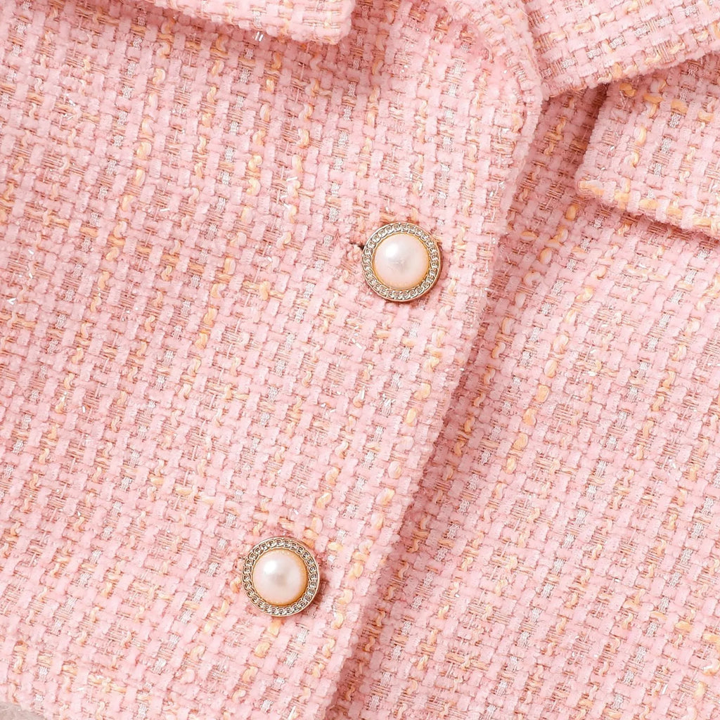 Girls' pink cotton long-sleeved coat and mid-waist skirt two-piece set, sizes 4Y-7Y