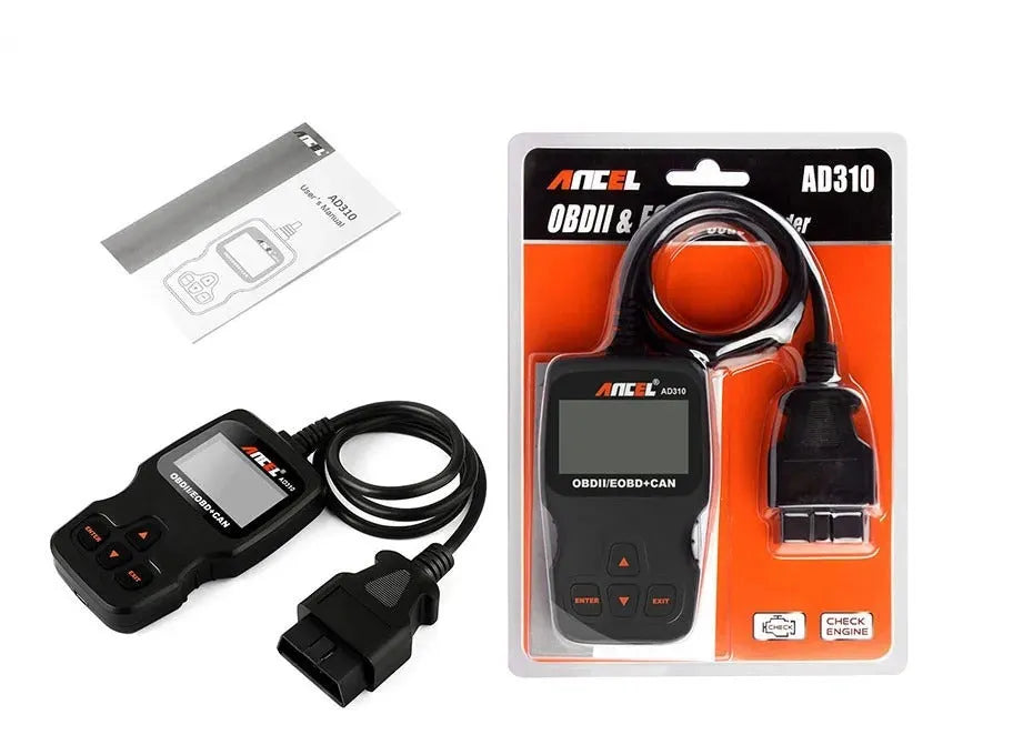 Black universal OBD2 automobile fault detector with engine scanning capability