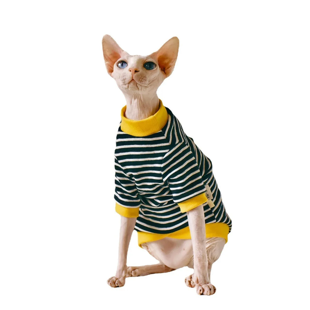 Black cotton sweater for Sphinx hairless cat, available in multiple sizes from XS to XXL