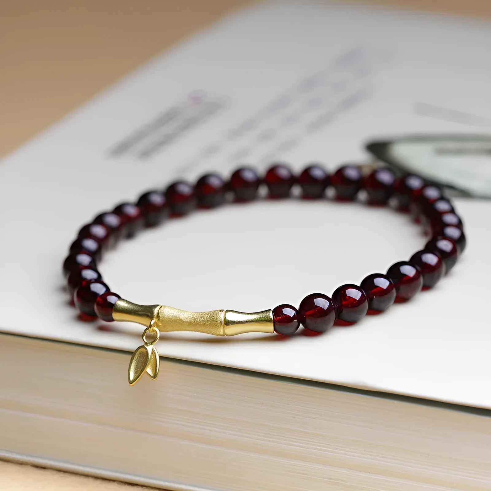 6mm garnet bamboo joint bracelet with manual processing in copper or silver finish
