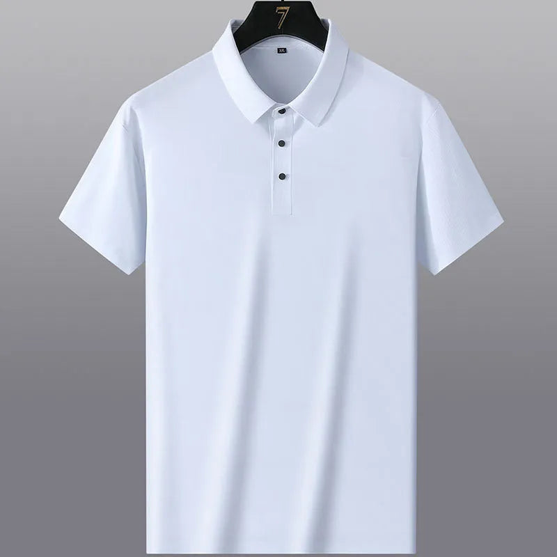Non-ironing solid colour short sleeve men's business casual shirt in navy blue.
