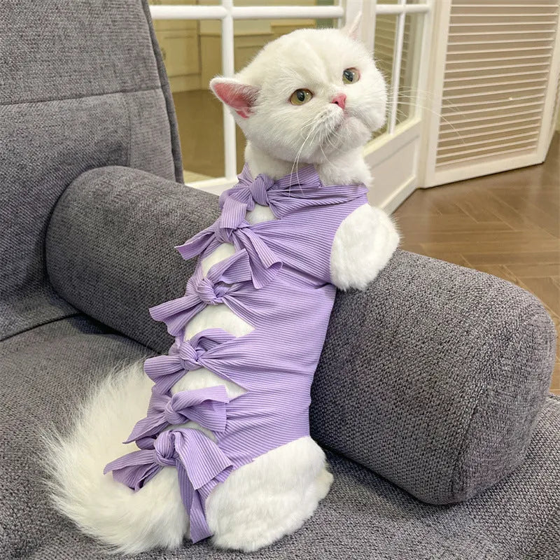 A pink lace-up cat recovery suit on a grey cat, showing the back closure and full-body fit.