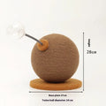 Sisal cat scratch board with dangling braided hemp rope toy and attached treat ball on a wooden base.