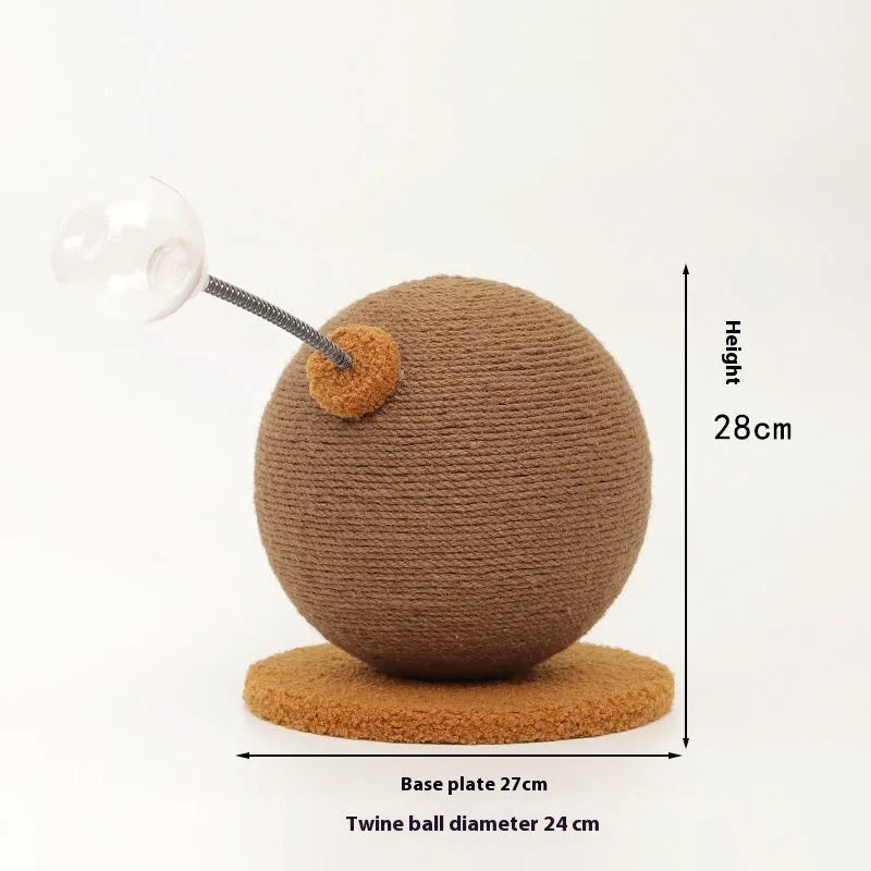 Sisal cat scratch board with dangling braided hemp rope toy and attached treat ball on a wooden base.