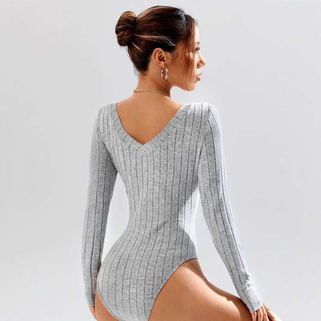 Women's deep V-neck slim fit jumpsuit with long sleeves in light gray polyester fibre