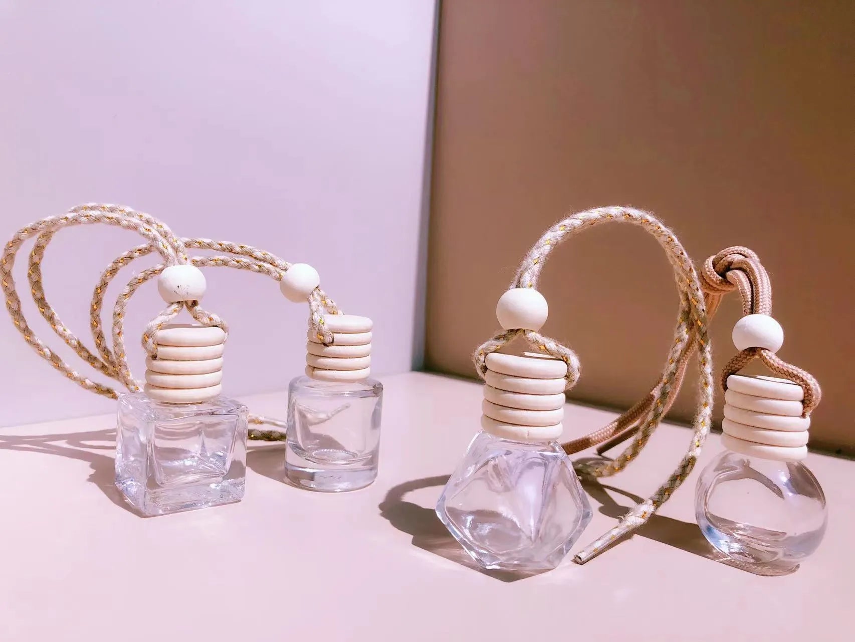 Glass car perfume pendant fragrance bottle in cylinder, diamond, flat drum, and square shapes