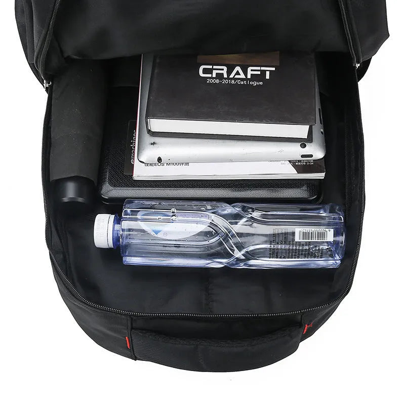 Large nylon backpack with curved shoulder straps in black, blue, grey, or red colours showing 20-35L capacity