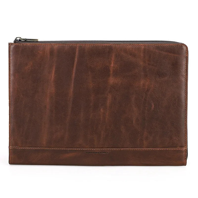Crazy Horse Oil Leather zipper laptop bag in reddish brown or coffee, leather PC bag with zip closure