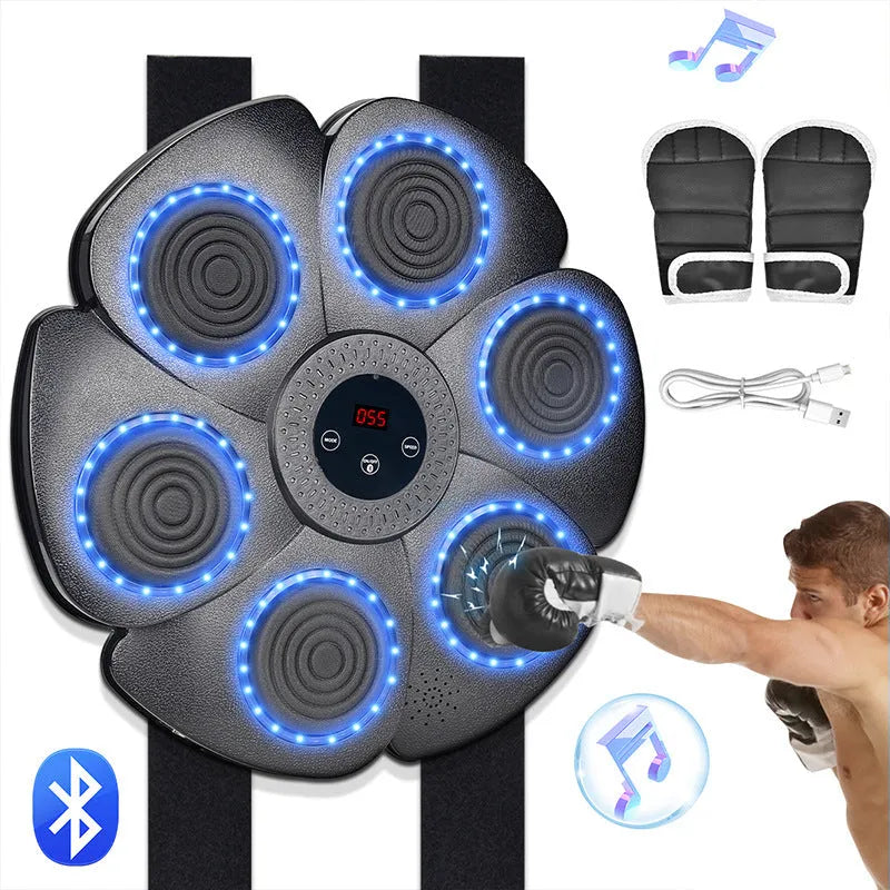 Black plastic smart boxing wall target with LED lights and four half-finger Velcro boxing gloves.