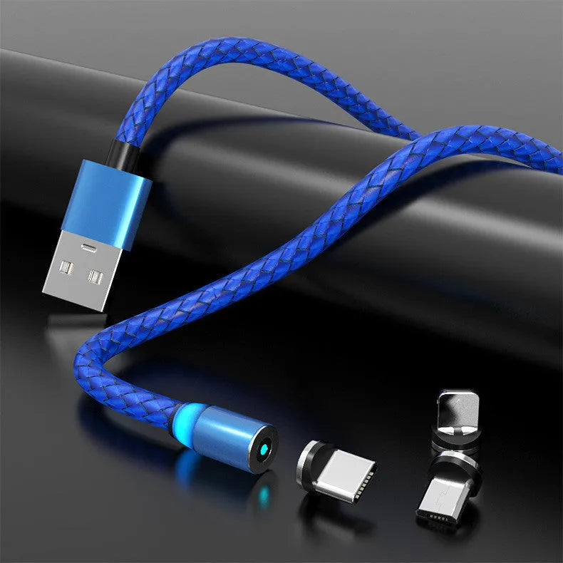 Breathing light magnetic charging cable with LED indicator, showing magnetic tips for iPhone and Android phones.