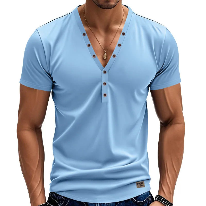 Men's loose V-neck sports pullover in solid colours with button detailing