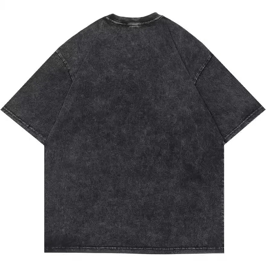 Men's loose retro cartoon print cotton t-shirt on a hanger, short sleeves.
