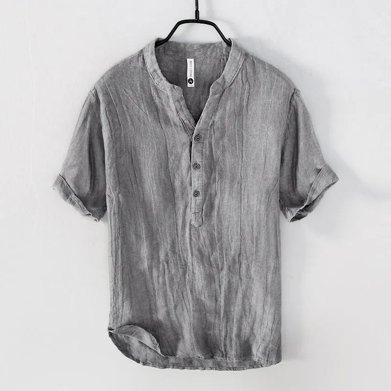Men's grey linen short sleeve pullover top on a hanger