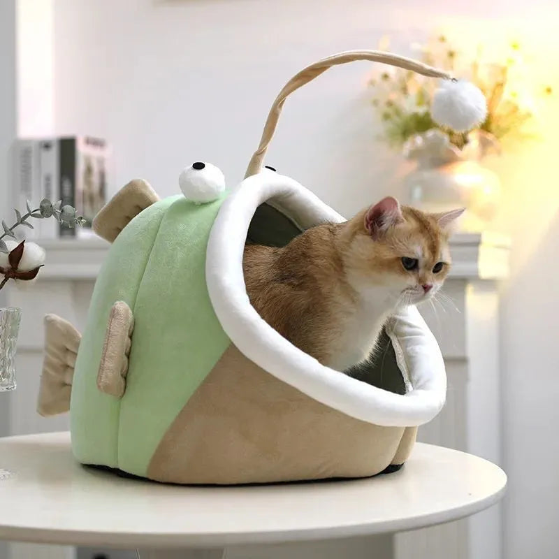 Grey semi-closed cat house with deerskin velvet interior in medium size